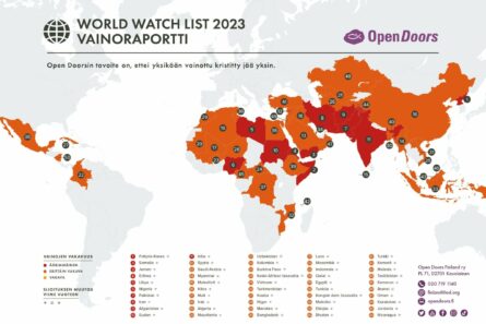 World Watch List 2023 -kartta, jossa näkyvät 50 maata, jotka ovat kaikkein vaarallisimmat kristityille.